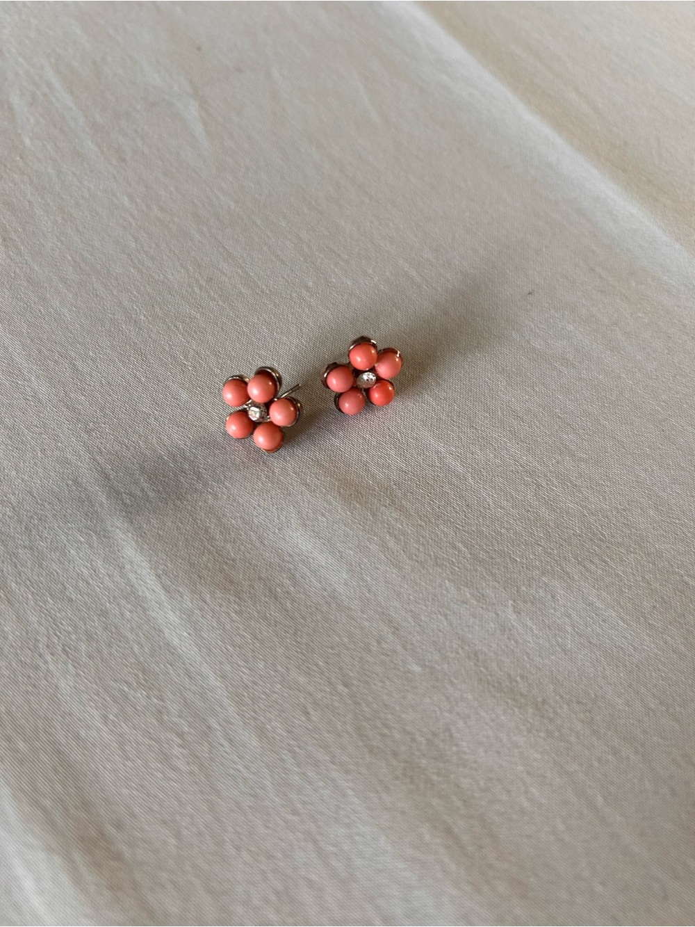 Coral Flower Stud Earrings Rhinestone Centers Gold Tone